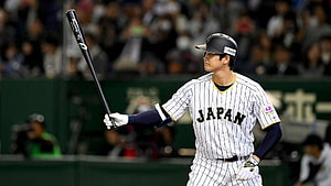 Shohei Ohtani in Japan National Team Pinstripe Uniform Holding Baseball Bat HD wallpaper