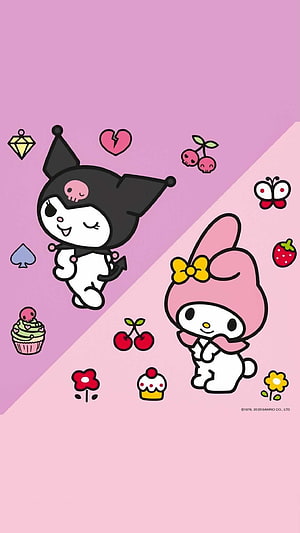 Kuromi and My Melody Cute Cartoon Wallpaper with Pastel Background and Kawaii Icons HD phone wallpaper