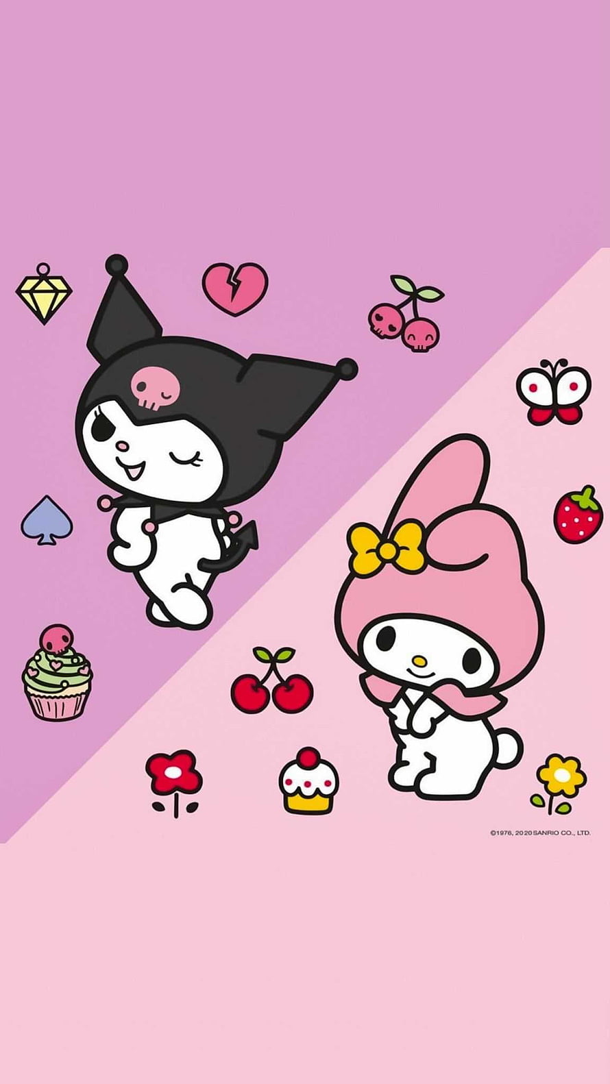 Kuromi and My Melody Cute Cartoon Wallpaper with Pastel Background and Kawaii Icons HD phone wallpaper