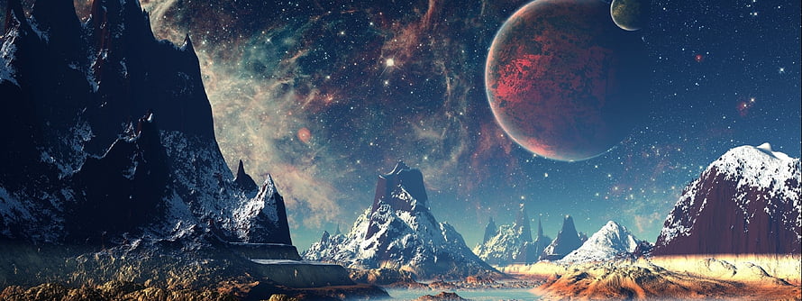 Alien Planet Landscape with Snowy Mountains and Starry Nebula Sky HD wallpaper