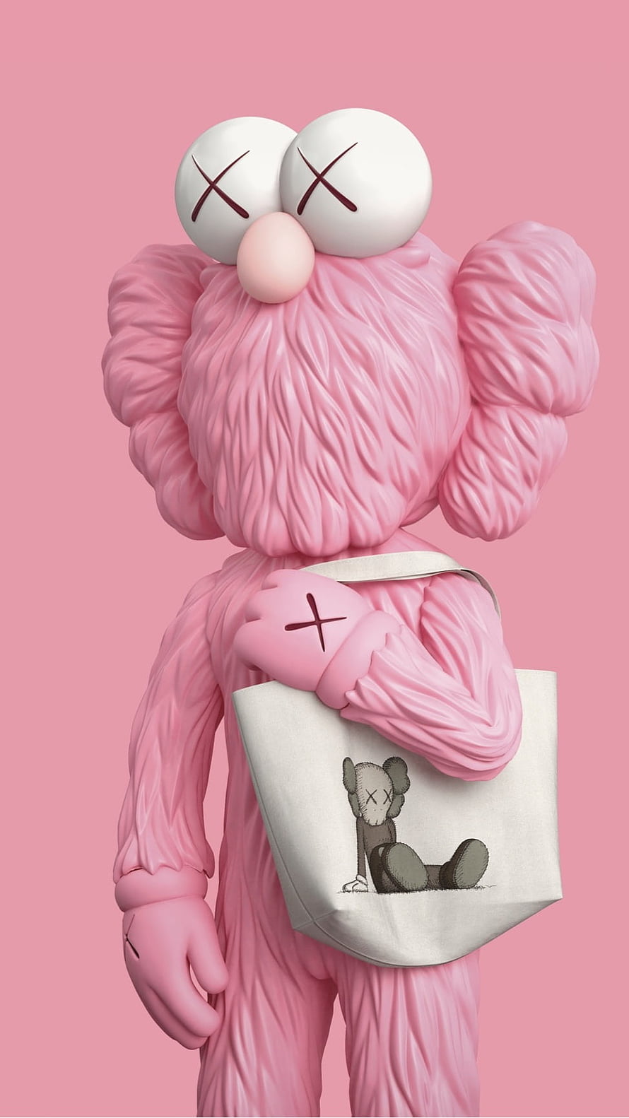 KAWS Pink Companion 3D Render Holding White Tote Bag on Solid Pink Background HD phone wallpaper