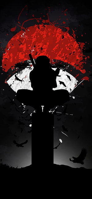 Itachi Uchiha Silhouette Against Red Moon in Dark Minimalist Anime Art HD phone wallpaper