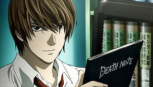 Light Yagami Holding the Death Note in a Library Setting HD wallpaper