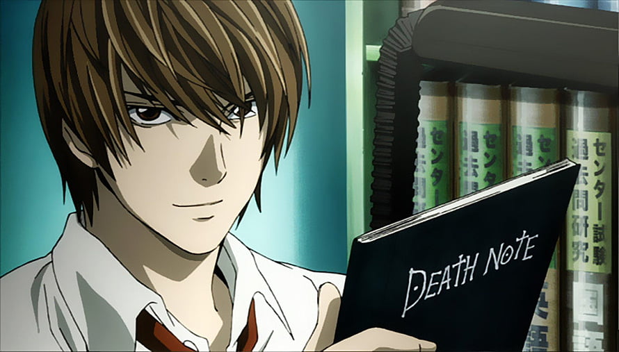 Light Yagami Holding the Death Note in a Library Setting HD wallpaper