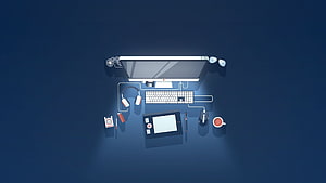 Minimalist Developer Workspace Illustration With Computer, Keyboard, and Tablet on Dark Blue Background HD wallpaper