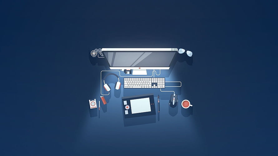 Minimalist Developer Workspace Illustration With Computer, Keyboard, and Tablet on Dark Blue Background HD wallpaper