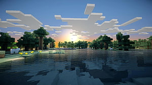 Minecraft Plains Biome at Sunset with Reflective Water and Blocky Trees HD wallpaper