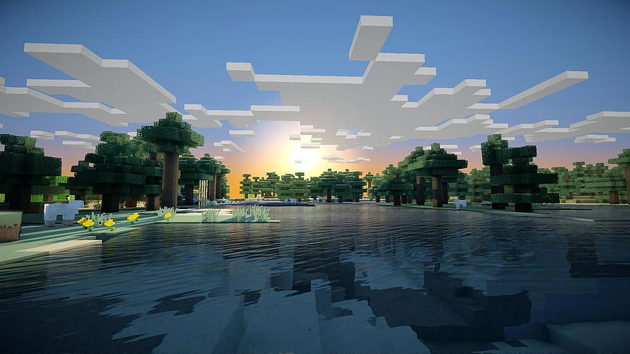 Minecraft Plains Biome at Sunset with Reflective Water and Blocky Trees HD wallpaper