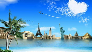 World Landmarks Travel Collage with Eiffel Tower, Statue of Liberty, and Pyramids HD wallpaper
