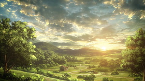 Attack on Titan Countryside Landscape at Golden Hour with Rolling Hills and Dramatic Sky HD wallpaper