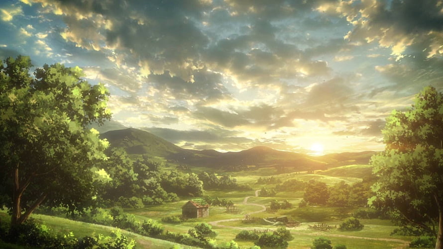 Attack on Titan Countryside Landscape at Golden Hour with Rolling Hills and Dramatic Sky HD wallpaper