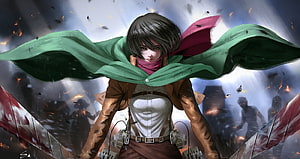 Mikasa Ackerman in Survey Corps Cloak Amidst Battle Debris and Flames HD wallpaper