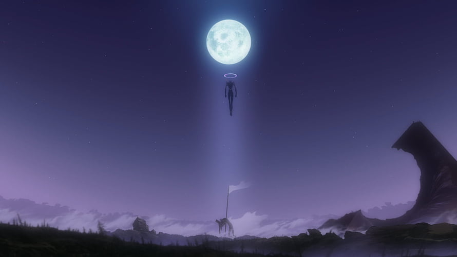 Neon Genesis Evangelion 2.22: A human figure floats beneath a glowing full moon over a desolate landscape HD wallpaper
