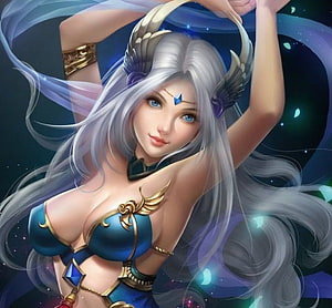Silver-Haired Fantasy Goddess in Blue and Gold Armor with Celestial Background HD wallpaper