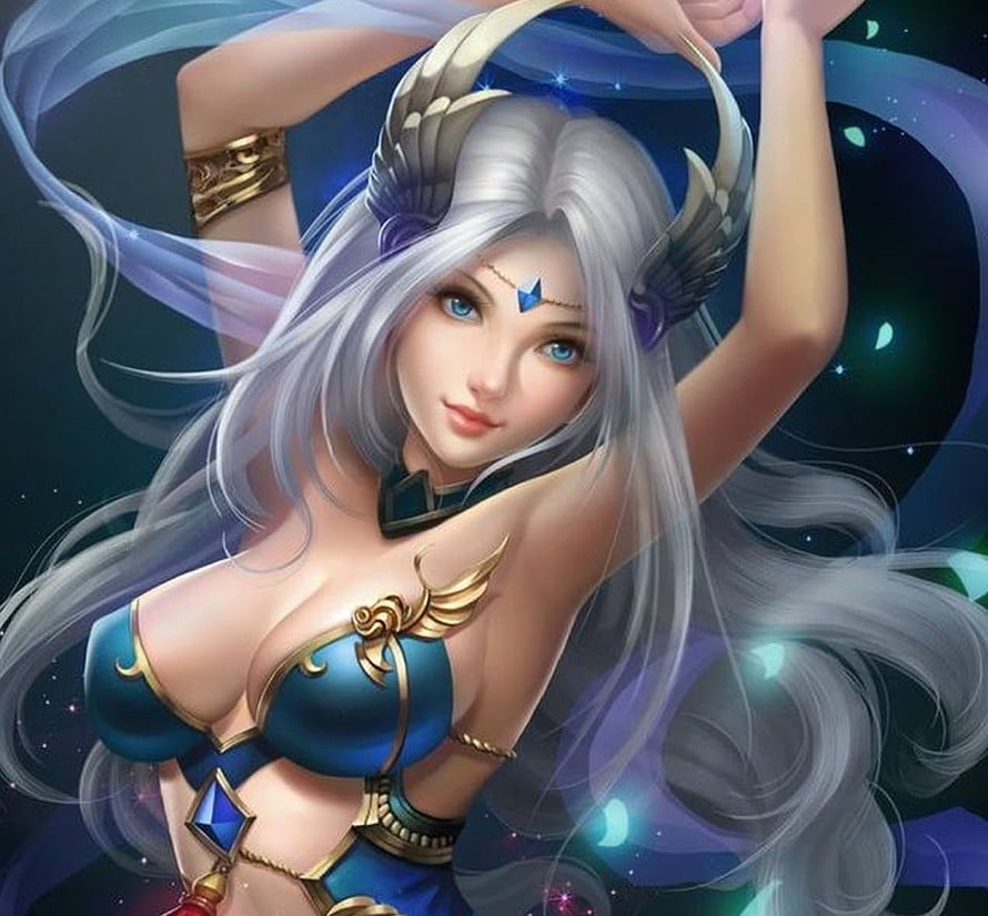 Silver-Haired Fantasy Goddess in Blue and Gold Armor with Celestial Background HD wallpaper