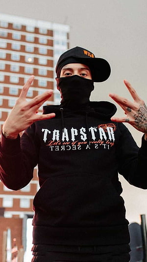 Central Cee in Black Trapstar Hoodie and Face Mask Making Peace Signs HD phone wallpaper