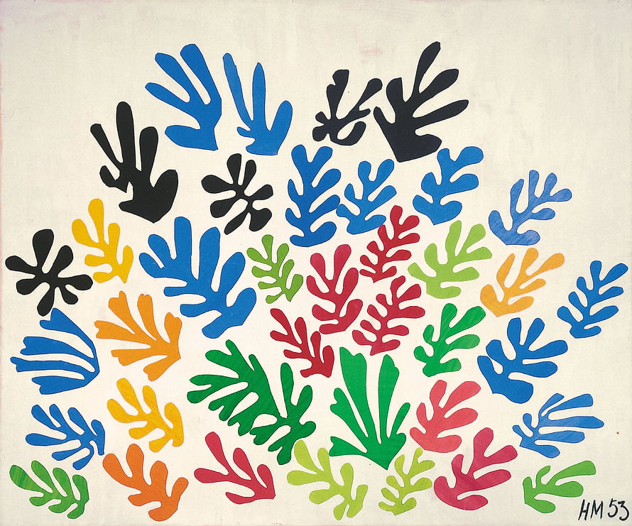 Henri Matisse Colorful Cut-Out Leaves and Flowers on White Background HD wallpaper