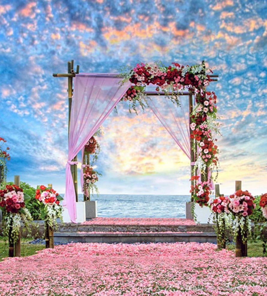 Romantic Beach Wedding Arch With Pink Flowers And Ocean Sunset View HD phone wallpaper