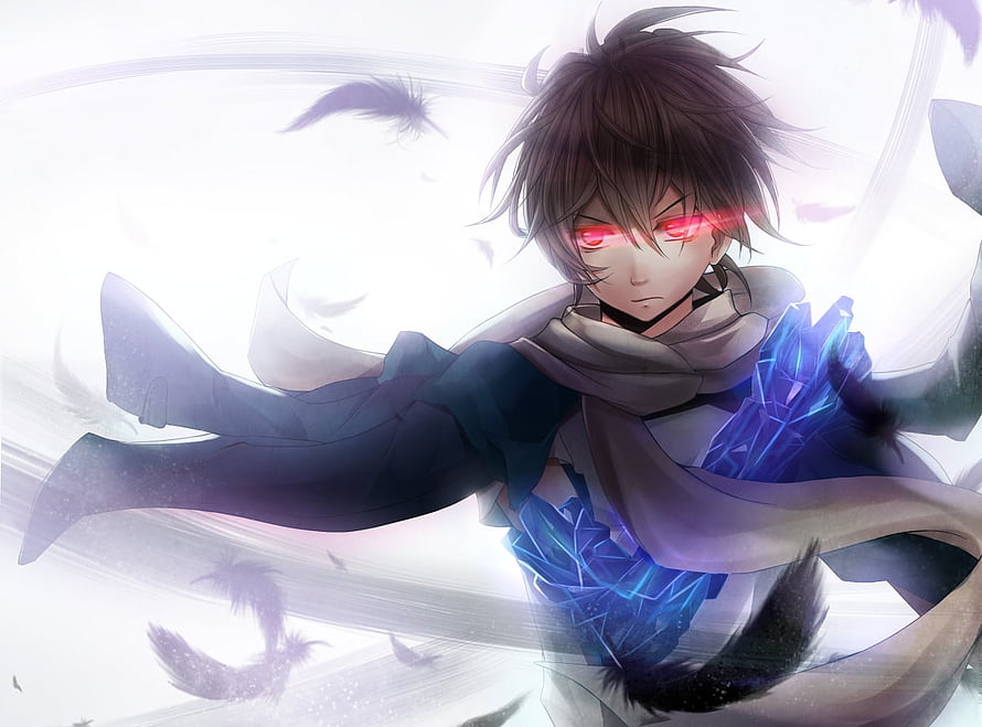 Ouma Shu from Guilty Crown with glowing red eyes and crystal arm in anime style HD wallpaper
