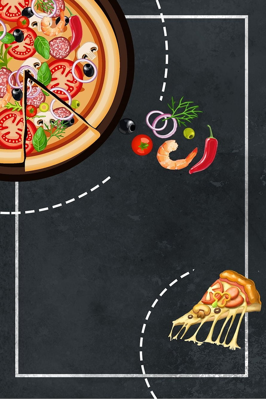 Illustrated Pizza Menu Template With Toppings And Slices On Dark Chalkboard Background HD phone wallpaper