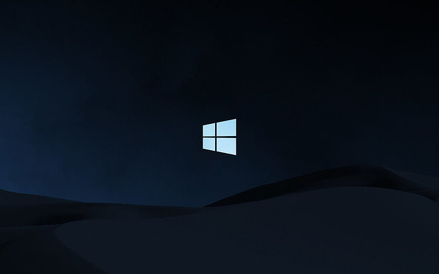Windows 10 Dark Minimalist Landscape with Glowing Logo on Rolling Hills HD wallpaper