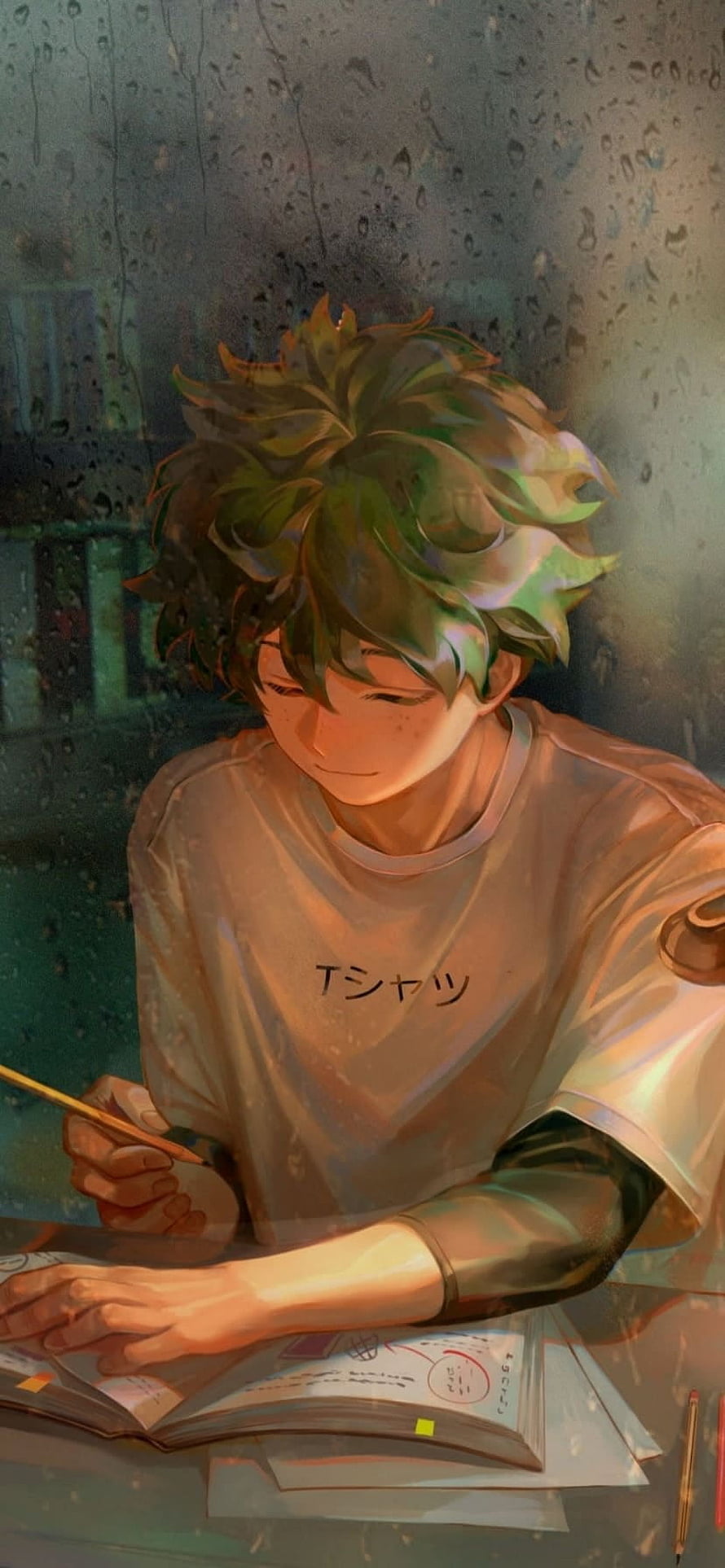 Anime Boy with Green Hair Sketching at a Desk in the Rain HD phone wallpaper