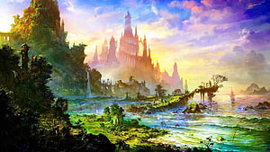 Majestic Fantasy Castle on a Misty Island with Waterfalls and Lush Greenery HD wallpaper