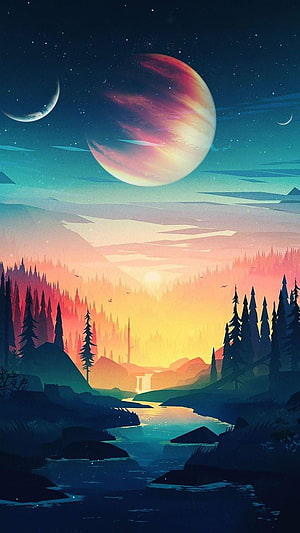 Alien Planet Landscape with Giant Red Planet and Starry Night Sky HD phone wallpaper