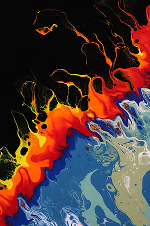 Vibrant Liquid Marble Abstract Art with Swirling Orange, Blue, and Black Ink Patterns HD phone wallpaper