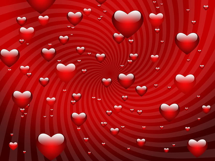 Valentine's Day Swirl Background with Glossy Red Hearts and Spiral Pattern HD wallpaper