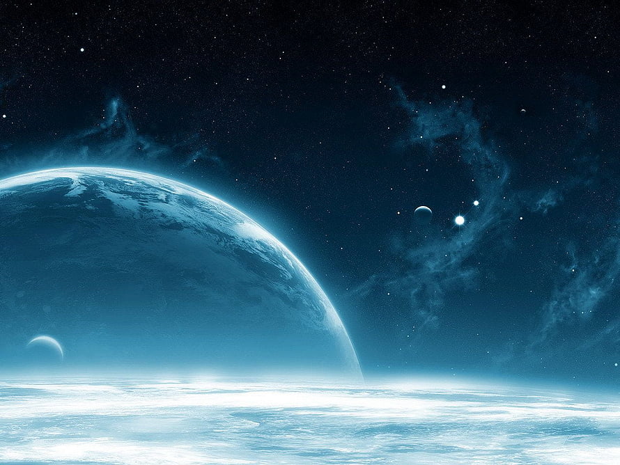 Ethereal Blue Planet Rising Above Clouds in Deep Space with Nebulae and Distant Stars HD wallpaper