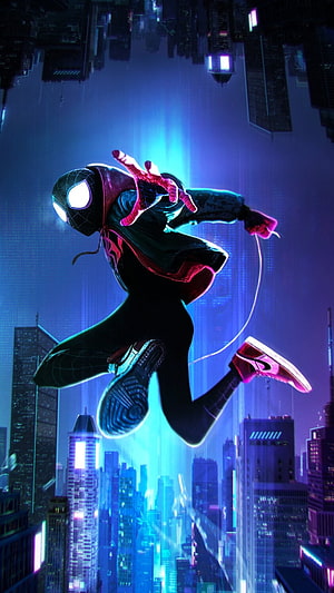 Miles Morales Spider-Man Swinging Through Neon-Lit Cityscape at Night HD phone wallpaper
