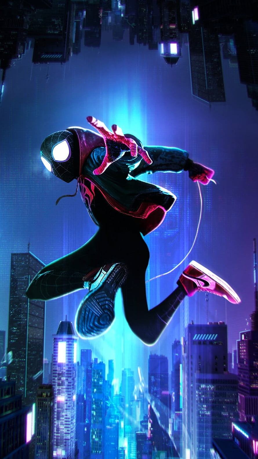 Miles Morales Spider-Man Swinging Through Neon-Lit Cityscape at Night HD phone wallpaper