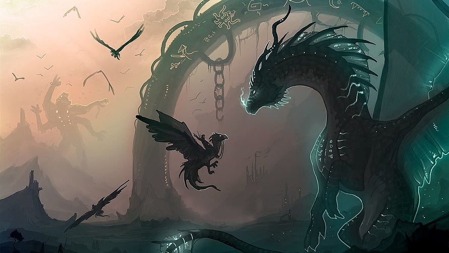 Dark Fantasy Dragon and Young Wyvern in a Mysterious Ancient Ruin HD wallpaper