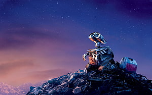 WALL-E Robot Standing on Scrap Heap Under Starry Twilight Sky HD wallpaper