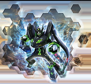 Zygarde Complete Forme Artwork with Electric Energy and Hexagonal Frame HD wallpaper