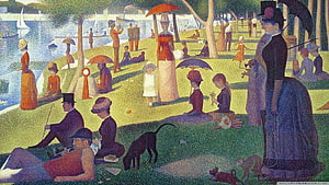 Pointillist Park Scene with Victorian Figures and Dogs by the Water HD wallpaper