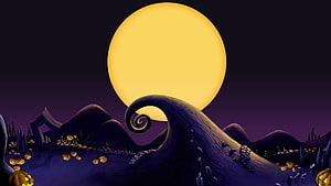 Tim Burton Style Halloween Landscape with Giant Full Moon and Spooky Hill HD wallpaper