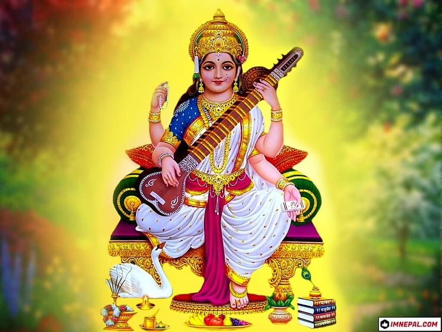 Goddess Saraswati Playing Veena on Golden Throne with Swan and Sacred Books HD wallpaper