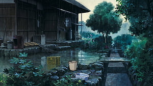 Rainy Japanese Village Courtyard with Traditional Wooden House and Lush Greenery HD wallpaper