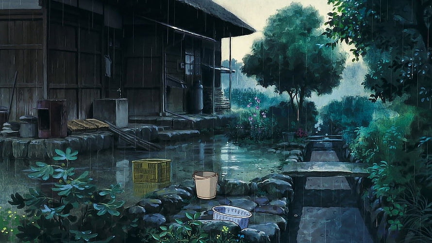 Rainy Japanese Village Courtyard with Traditional Wooden House and Lush Greenery HD wallpaper