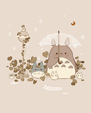 Cute Totoro Family Holding Umbrella in Rainy Autumn Scene with Falling Leaves HD phone wallpaper