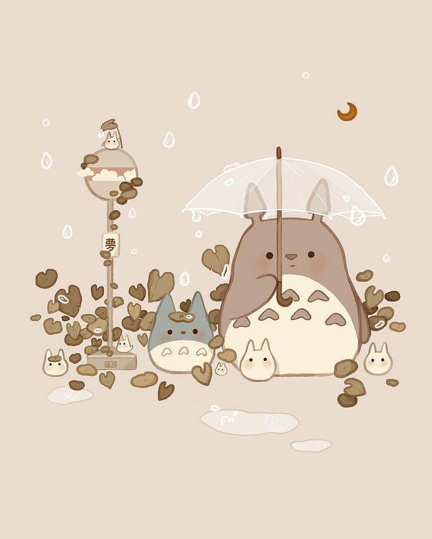 Cute Totoro Family Holding Umbrella in Rainy Autumn Scene with Falling Leaves HD phone wallpaper