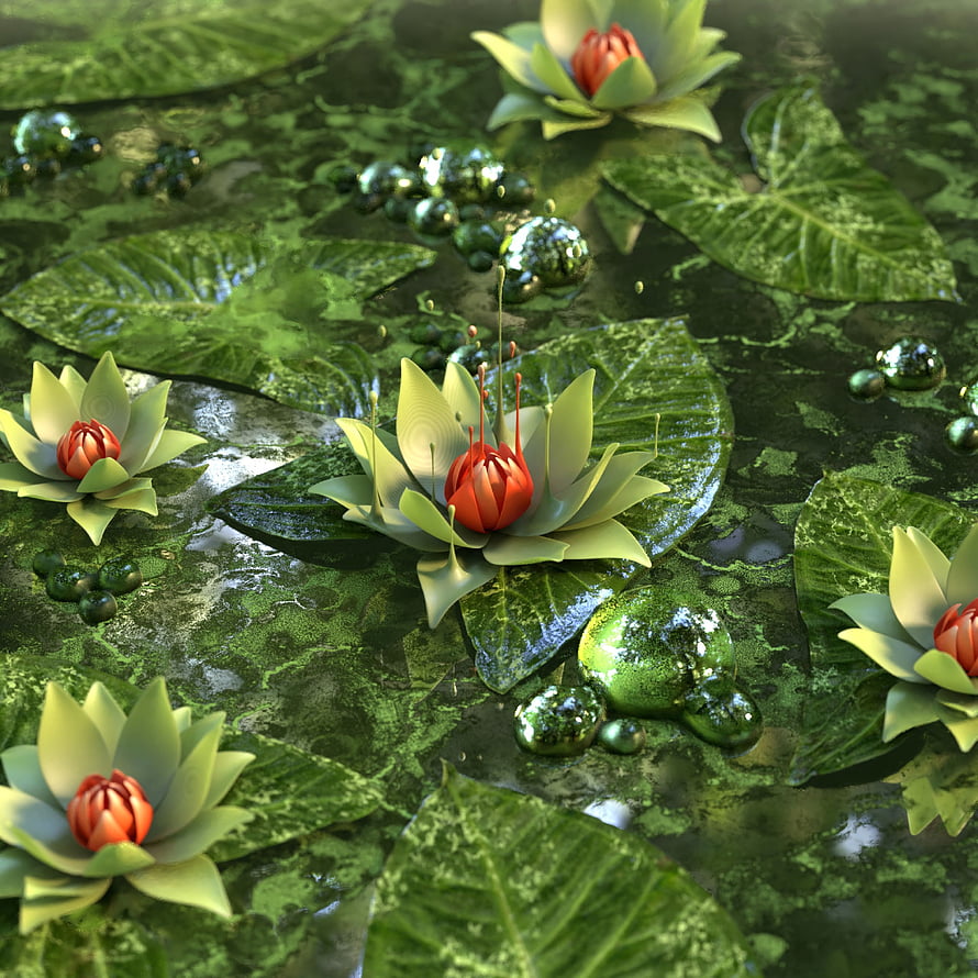 Vibrant 3D Lotus Flowers Floating on a Mossy Pond with Water Droplets HD phone wallpaper