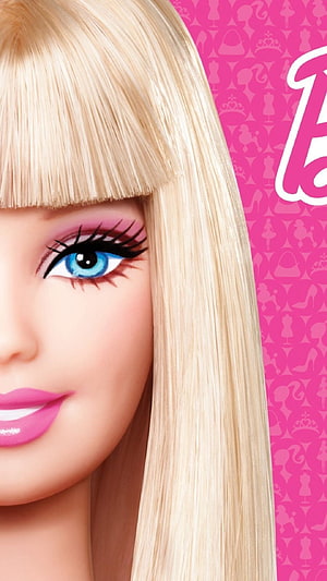 Barbie Close-Up Portrait with Blonde Hair and Blue Eyes on Pink Patterned Background HD phone wallpaper