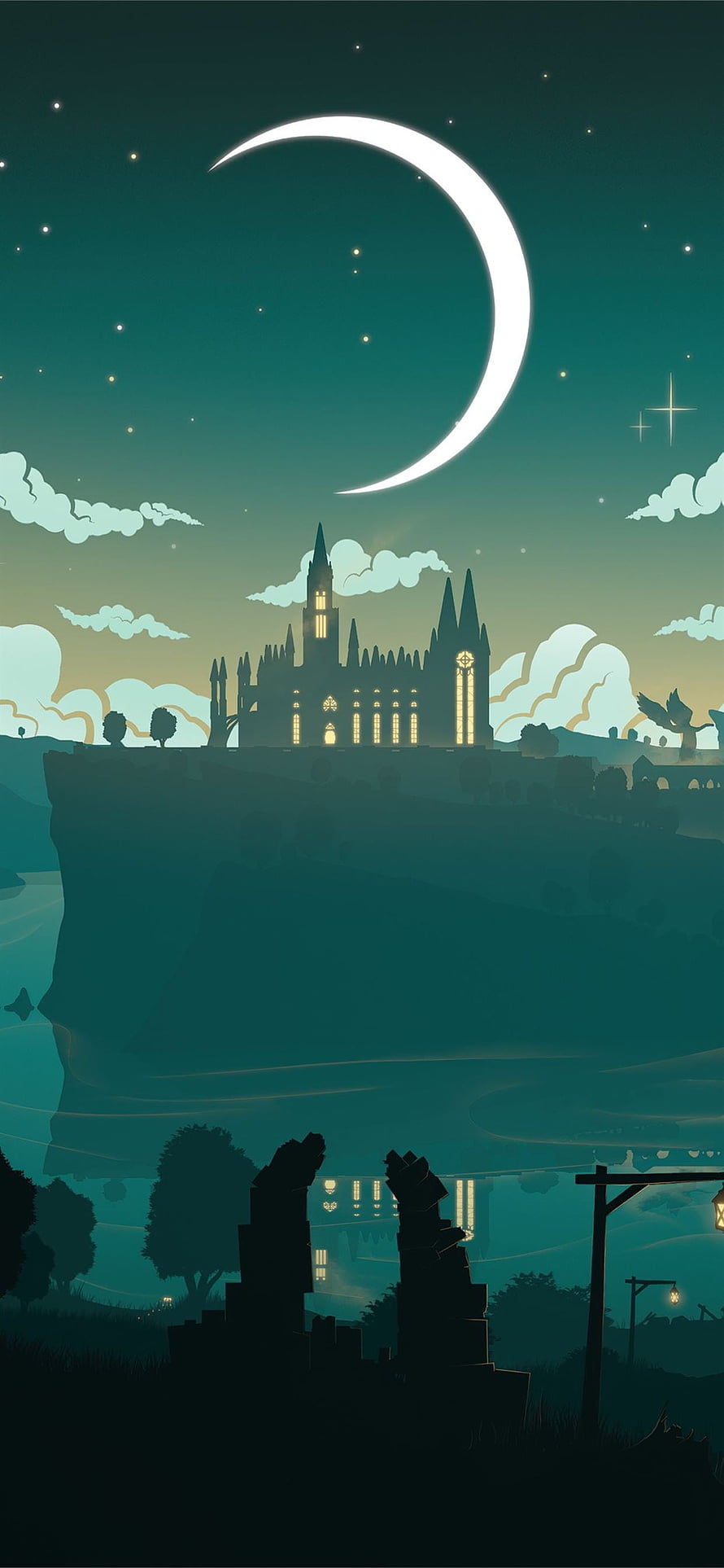 Genshin Impact Monstadt Castle Under Crescent Moon Minimalist Night Sky Illustration HD phone wallpaper