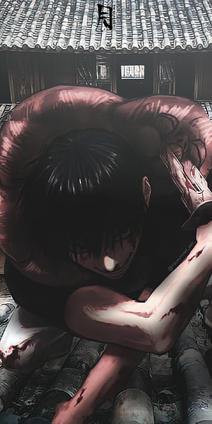 Toji Fushiguro Crouching in Shadow with Bloodied Blade in Jujutsu Kaisen HD phone wallpaper
