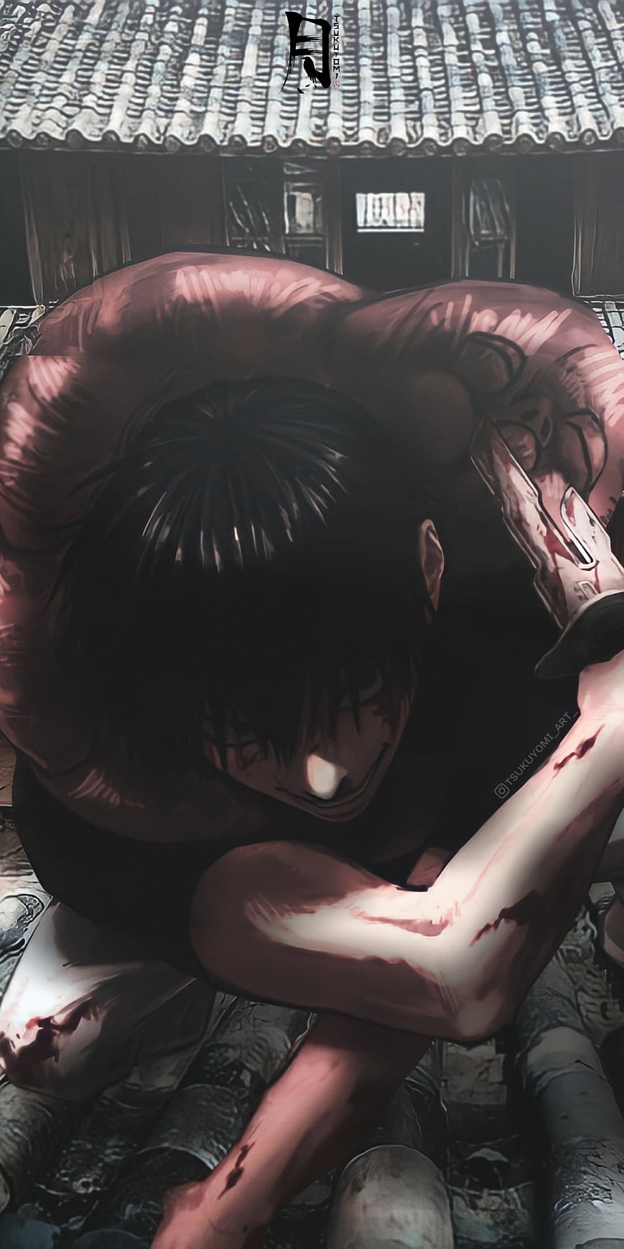 Toji Fushiguro Crouching in Shadow with Bloodied Blade in Jujutsu Kaisen HD phone wallpaper
