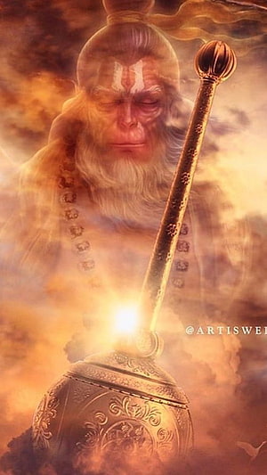 Hanuman Devotional Portrait with Mace and Golden Aura, Hanuman, devotional HD phone wallpaper