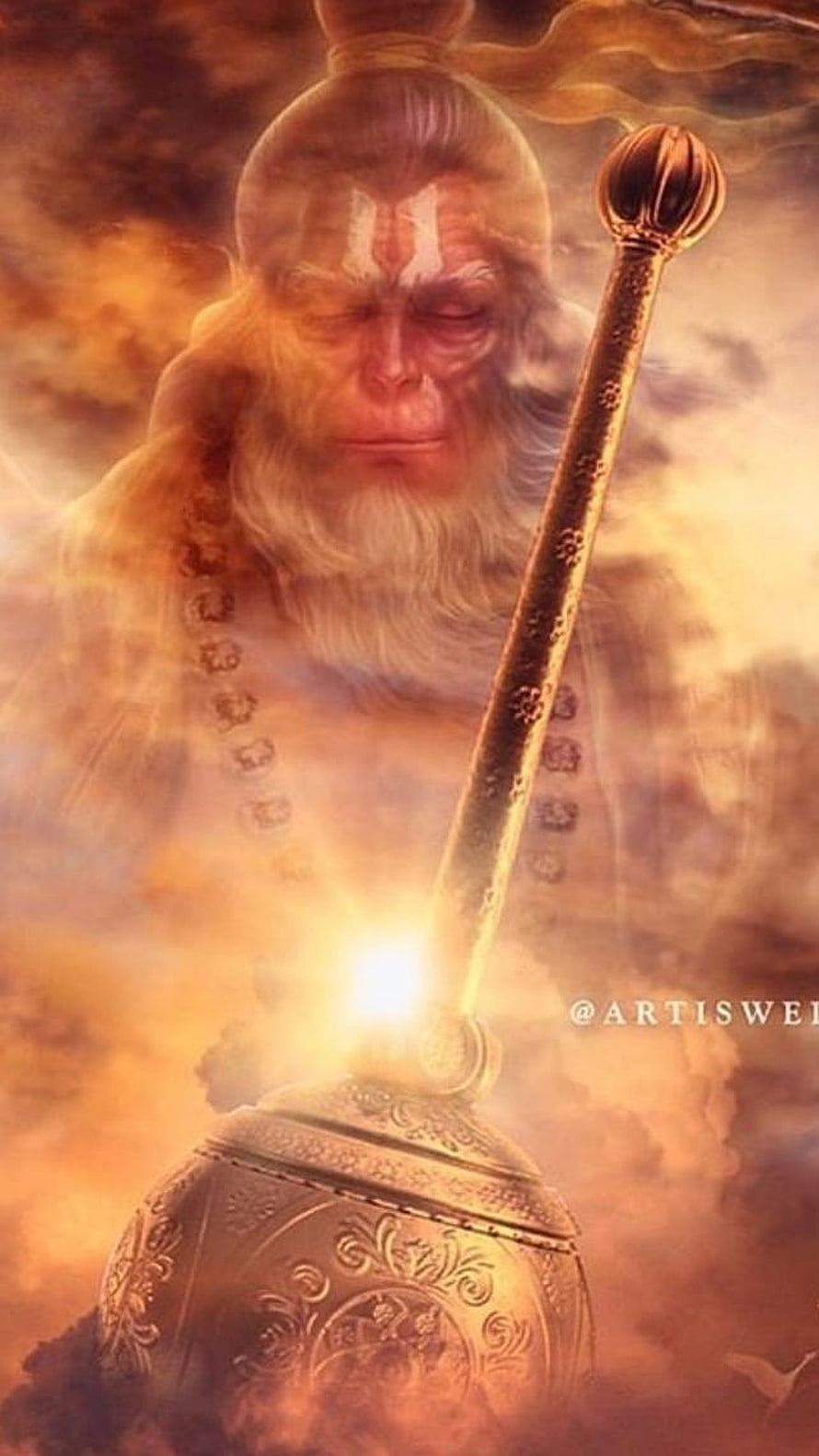 Hanuman Devotional Portrait with Mace and Golden Aura HD phone wallpaper